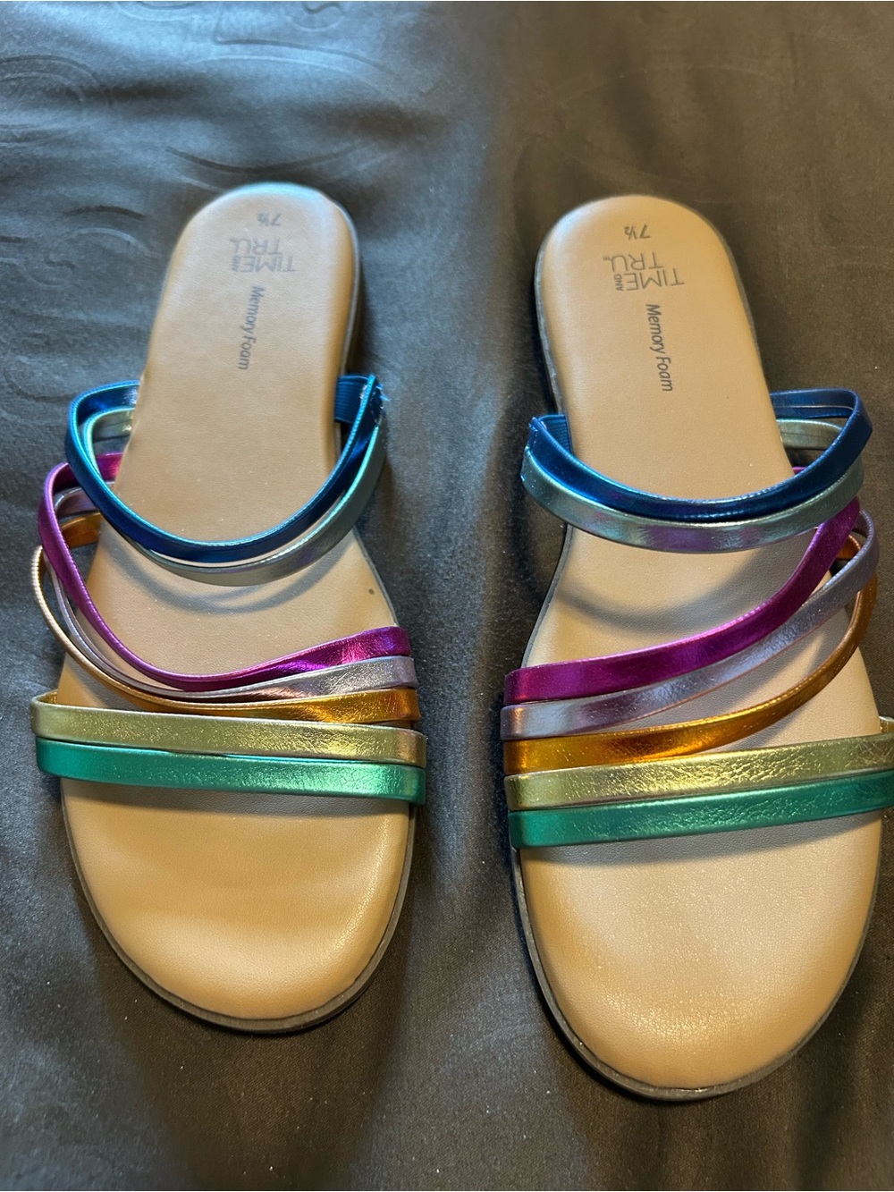 Time and Tru Metallic Multi-Strip Slide Sandals in Blue, Purple, Gold, Teal